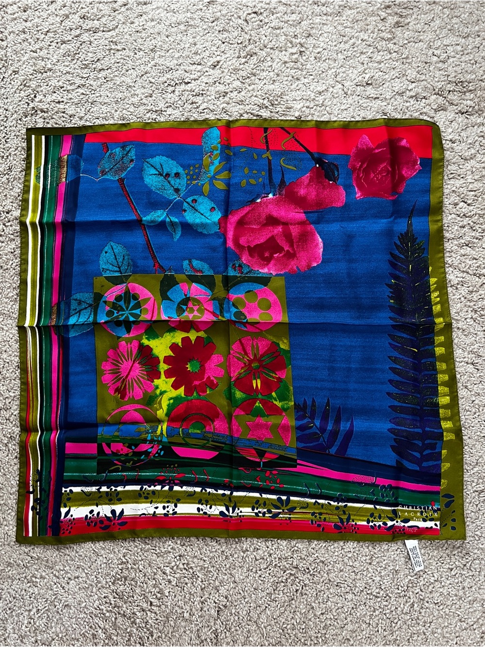 Christian Lacroix Vibrant Floral Silk Scarf in Blue, Pink & Green - Picture 7 of 8